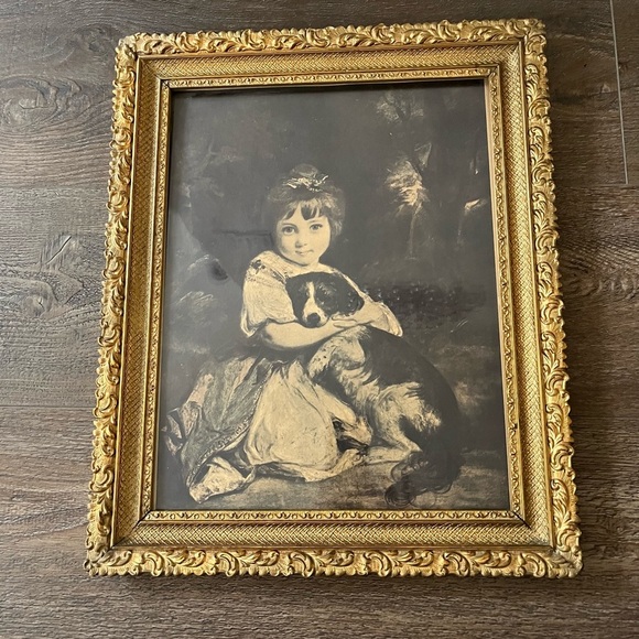 Vintage Gold Framed Child and Dog Art Print 16/20 Inch - Picture 7 of 10